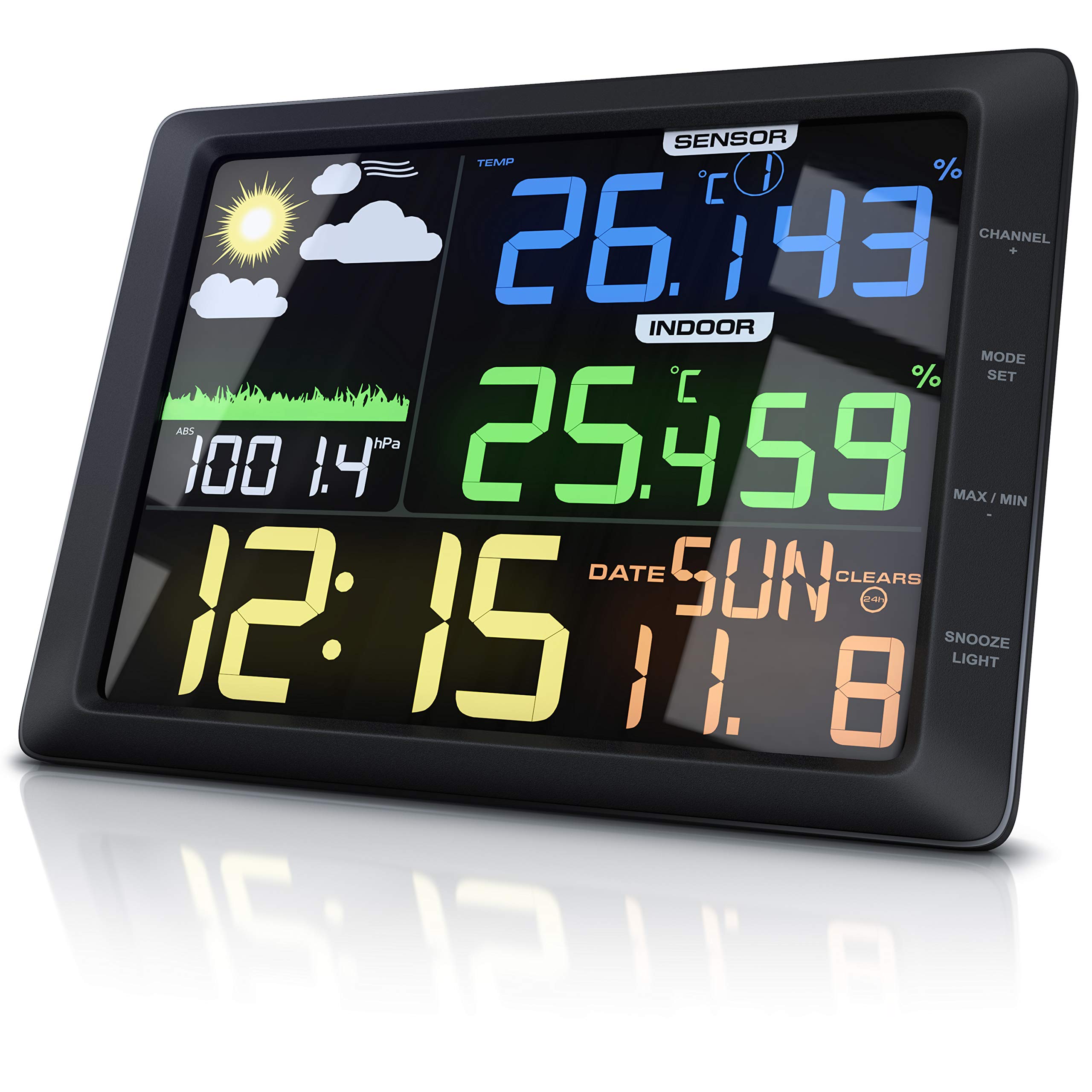CSL - Wetterstation mit Farbdisplay und Außensensor, 20 cm LCD Farbdisplay - Luftdruck Barometer Temperatur Wettervorhersage Frostalarm Datum Uhrzeit - Wecker mit Schlummerfunktion