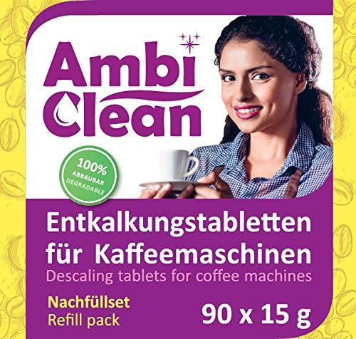 AmbiClean® Nachfüllpack- 90 Entkalker-Tabletten für Kaffeevollautomat, Kaffee-Maschine und Wasserkocher, Kalk-Entferner für alle Geräte-Marken - 90 Tabletten je 15 g