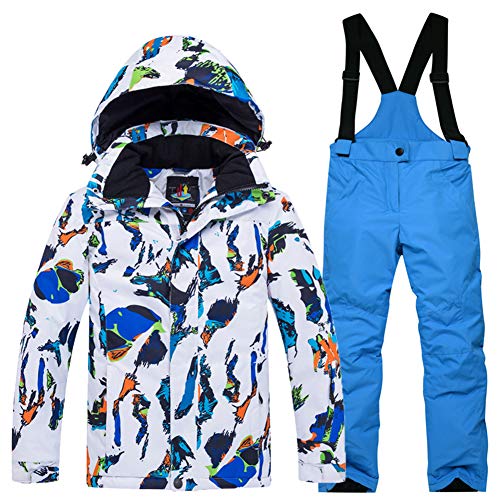 LPATTERN Kinder Jungen/Mädchen Skifahren 2 Teilig Schneeanzug Skianzug(Skijacke+ Skihose), Farbig Muster auf Weiß Jacke+ Blau Trägerhose, Gr. 140/146(Herstellergröße: XL)