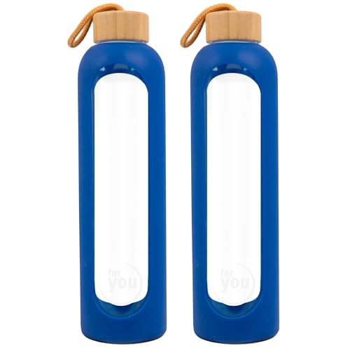 for you Nachhaltige Trinkflasche | 1000ml aus Glas mit Silikonhülle & spülmaschinenfest | 1Liter Auslaufsichere Wasserflasche mit Bambusdeckel | geeignet von -20°C – 150°C (Doppelpack Blue Moon)