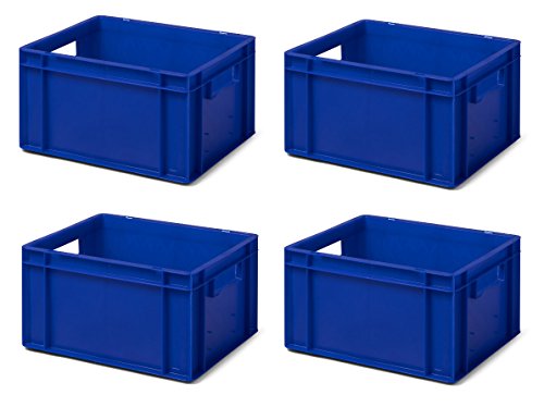 4 Stk. Transport-Stapelkasten TK421-0, blau, 400x300x210 mm (LxBxH), aus PP, Volumen: 19 Liter, Traglast: 40 kg, lebensmittelecht, made in Germany, Industriequalität