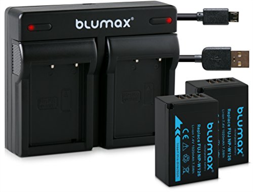 Blumax 2X Akku 1020mAh für Fujifilm NP-W126s/NP-W126 + Mini Dual-Ladegerät USB für Fujifilm XT-3 XT3 X-T1-X-T10-X-Pro1-X-E1-X-E2-X-M1-X-A1-X-A2-X-Pro2-X-ES2-X-A3-FinePix HS50EXR