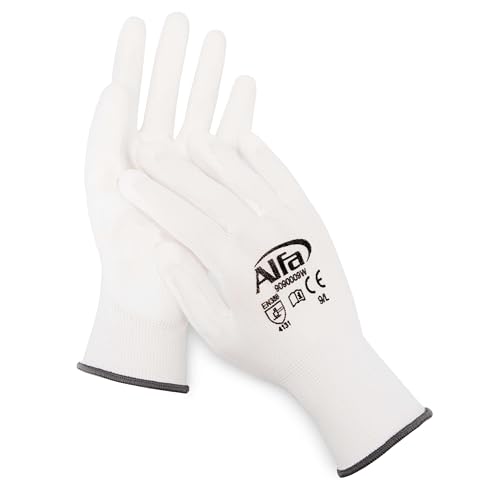 Alfa 12 Paar Malerhandschuhe weiß Größe 9 - L Profi-Qualität PU-beschichtete Nylon-Feinstrickhandschuhe, gefühlsecht und sehr gutes Fingerspitzengefüh