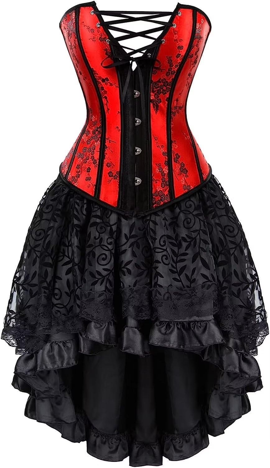Josamogre Damen Korsett kleid tutu Corsagenkleid bustier Spitzen corsage zum schnüren Rock Halloween burlesque rot 2XL