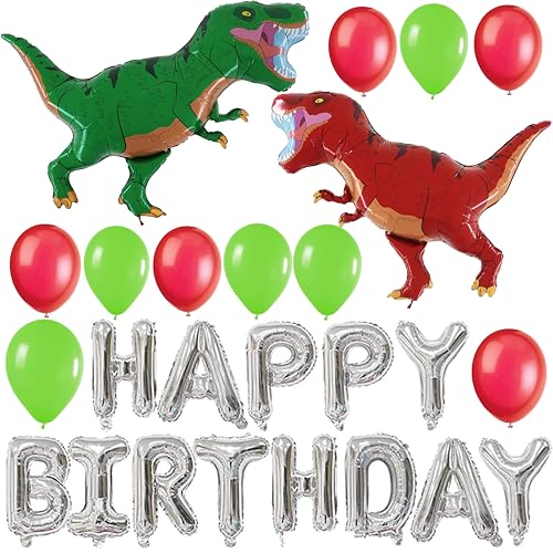 Toyland® Dinosaurier-Geburtstagsballon-Pack – 1 x 40,6 cm Happy Birthday Ballonbanner, 2 x 99,1 cm Charakterballons, 1 x 101,6 cm Charakterballon & 15 x 12 Zoll Latexballons