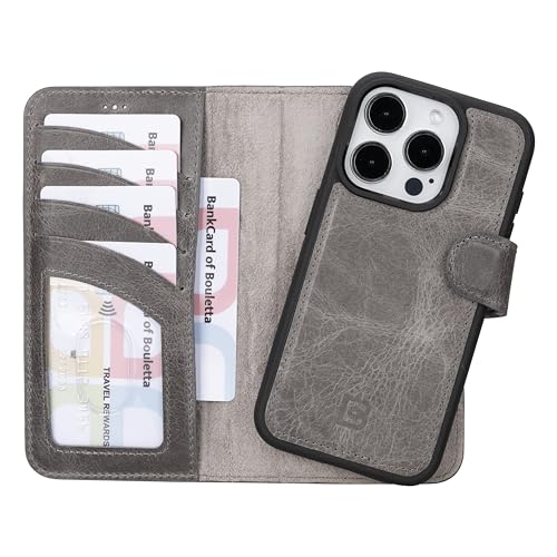 BOULETTA Magsafe Schutzhülle für iPhone 15 Pro, aus Vollnarbenleder, magnetisch, abnehmbare Folio-Schutzhülle (2-in-1), 4 Kartenhalter mit RFID-Blockierung, 15,5 cm (6,1 Zoll), Grau