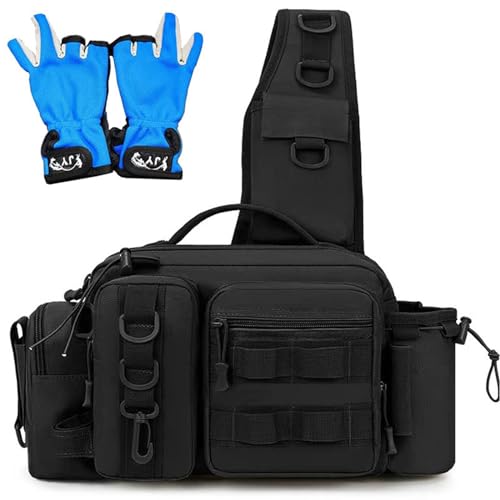 ZOUTYI Sling Fishing Tackle Bag – Angeltasche Tackle-Aufbewahrungstaschen mit Rutenhalter Brusttasche for Männer und Frauen Ausgestattet mit Angelhandschuhen (Color : Schwarz)
