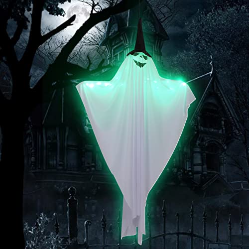 Halloween-Geist zum Aufhängen, mit gruseligem grünem LED-Licht, 119,4 cm, weiße Fliegende Geister, die einen Hut tragen, perfekte Dekoration für drinnen und draußen, Veranda, Garten, Terrasse, Rasen,