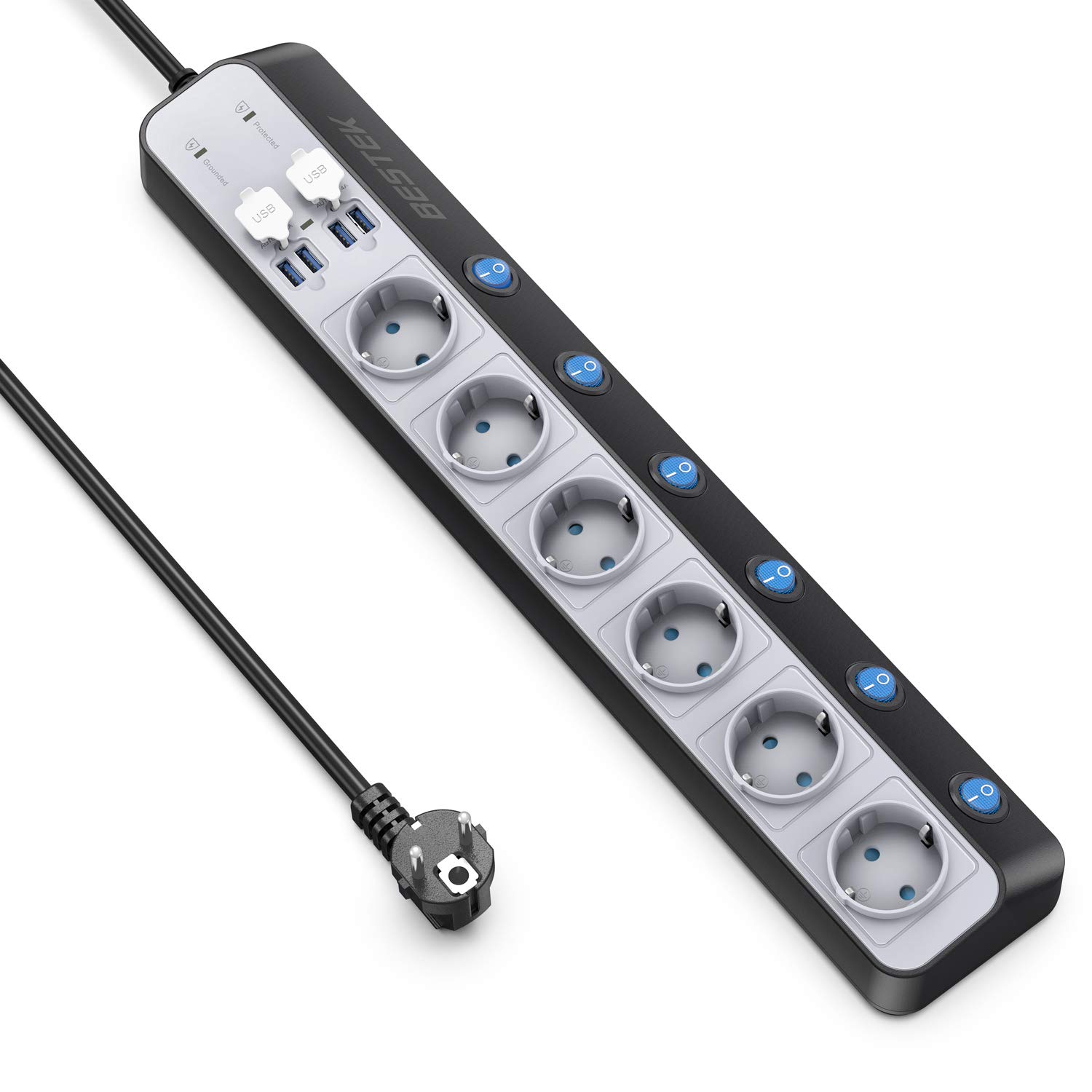 BESTEK Steckdosenleiste mit 4 USB, Mehrfachsteckdose 6-Fach Einzeln Schalter, Steckdosenleiste überspannungsschutz mit kindersicherung, Steckdosenleiste Wandmontage Design mit 1,8M Kabe