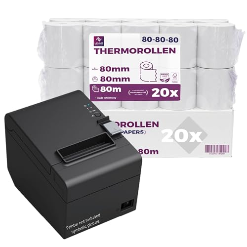 Thermorollen 80mm x 80m x 12mm - Kassenrollen - Bonrollen für Registrierkasse mit Bondrucker - Thermopapier – BPA Frei (20 Rollen)