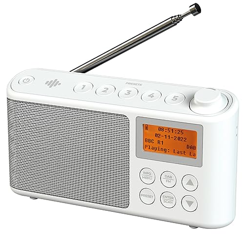 DAB/DAB+ & FM-Radio, Netz- und batteriebetrieben, tragbares DAB-Radio, wiederaufladbares Digitalradio mit USB-Ladefunktion für 15 Stunden Wiedergabe (weiß)