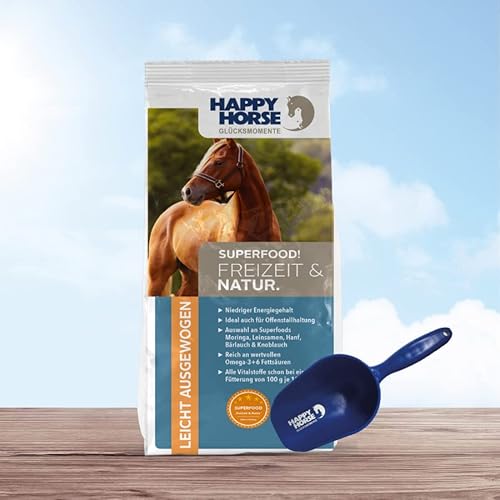 HAPPY HORSE Superfood Freizeit & Natur Pferdefutter 14kg + Futterschaufel - Optimal abgestimmt auf die Bedürfnisse von Pferden mit geringem Energiebedarf, Offenstall- oder Weidepferde