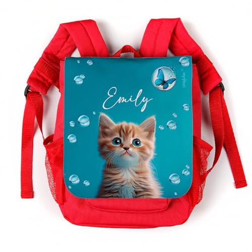 Striefchen® Roter Kinderrucksack mit niedlichem Katzenbaby Motiv und Wunschname