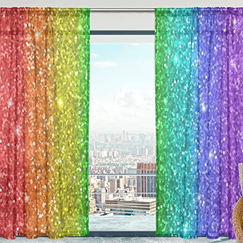 MNSRUU Regenbogen-Glitzervorhänge, 213 cm lang, Voile-Vorhang, Vorhänge für Wohnzimmer, Schlafzimmer, 2 Paneele