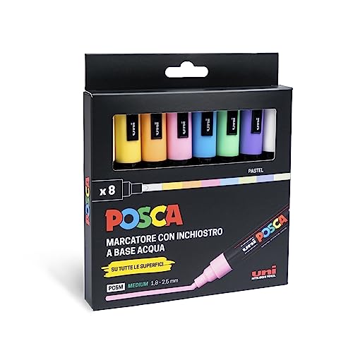 POSCA - UniPosca Komplett-Set mit 8 Markern in Pastellfarben, mittlerer Spitze 2,5 mm - Schreibwaren mit Acrylstiften Uni, Farben für Stoffe, Holz, Glas, Keramik und mehr