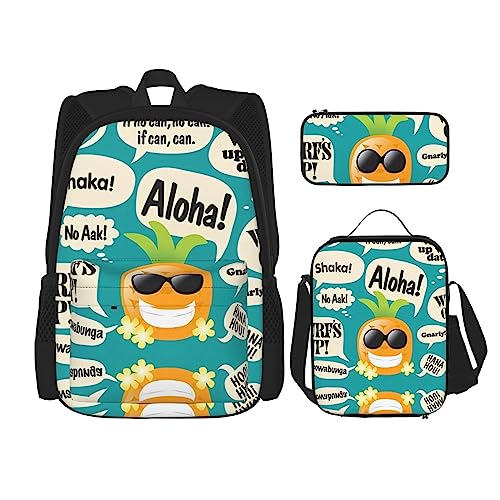 PartyUnix Hawaiian Slogans Rucksack 3-teilig Schulranzen mit Brotdose und Federmäppchen Set =>> Geeignet für Jungen und Mädchen, Schwarz , Einheitsgröße, Kinderrucksack