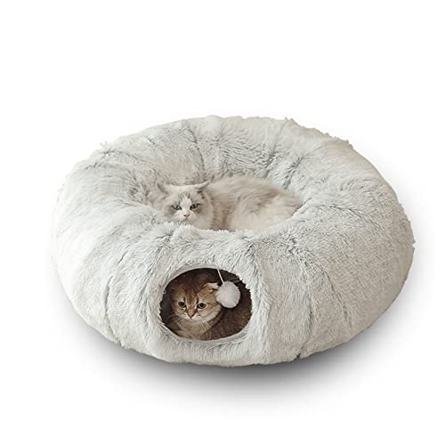 Katzentunnelbett – Flauschige Katzenbetthöhle Mit Zusammenklappbarem Donut-Tunnel Und Waschbarer Matte; Multifunktionales Katzenspielzeug Mit Hängenden Bällen