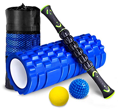 HBselect Faszienrolle 4in1 Set Wirbelsäule Foam Roller Massagerollen Duoball Massagestäbchen Massageball (Blau)
