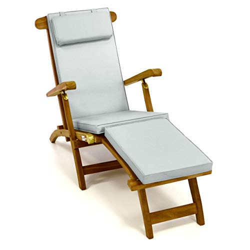 Nexos DIVERO Liegestuhl eleganter Deckchair Florentine Steamer Chair Teakholz Liegenauflage mit Kopfteil mit 4 Segmenten wasserabweisend Bezug abnehmbar mit Reißverschluss (grau)