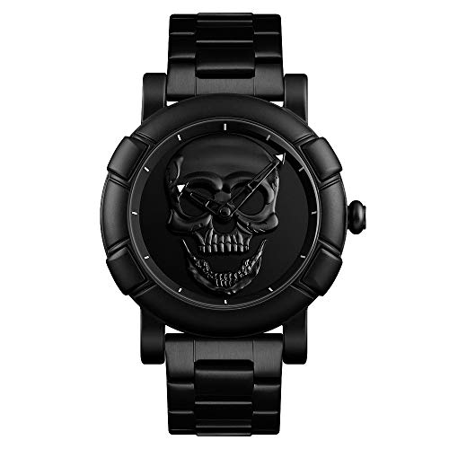 FeiWen Herren Cool Edelstahl Uhren Punk Skelett Fashion Casual Analog Quarz Armbanduhren (Schwarz)