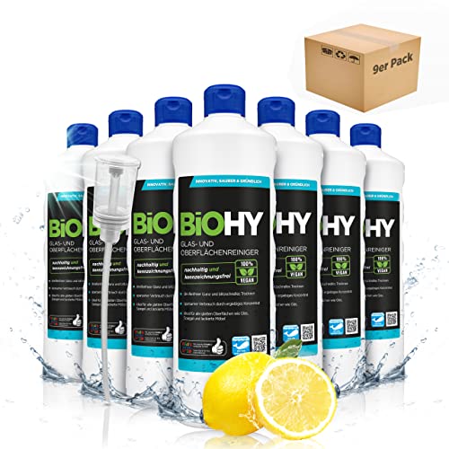 BiOHY Glas- und Oberflächenreiniger (9x1l Flasche) + Dosierer | Alkoholreiniger Konzentrat | Universalreiniger | Intensiv & Nachhaltig reinigender Automatenreiniger | Profi Bio-Reiniger