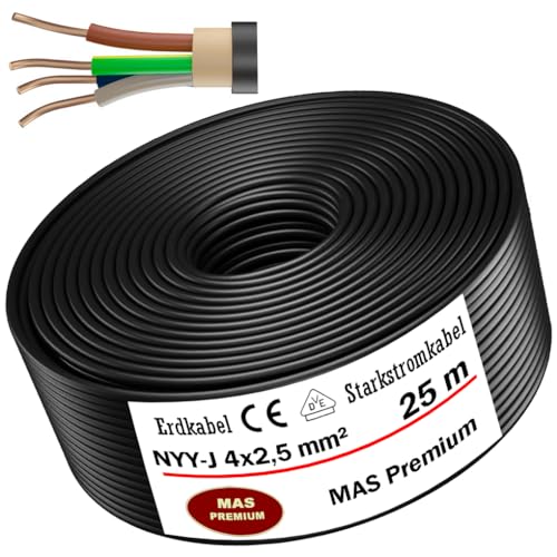 Erdkabel Stromkabel 5, 10, 20, 25, 50 oder 100m NYY-J 4x2,5 mm² Elektrokabel Ring zur Verlegung im Freien, Erdreich (25 m)