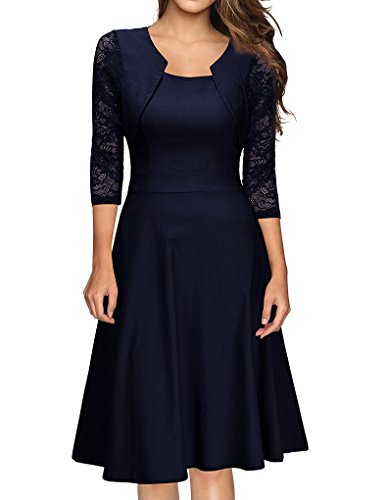 Evedaily Damen Kleid Elegant Abendkleid Cocktailkleid Knielang Partykleid Vintag Kleider 3/4 Arm mit Spitzen Navy Blau