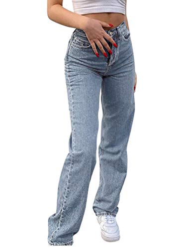 Minetom Baggy Jeans Damen High Waist Straight Jeans Freizeit Loose Gerade Hosen Bootcut Jeanshosen Jeans Vintage Hose mit Weitem Bein E Blau S