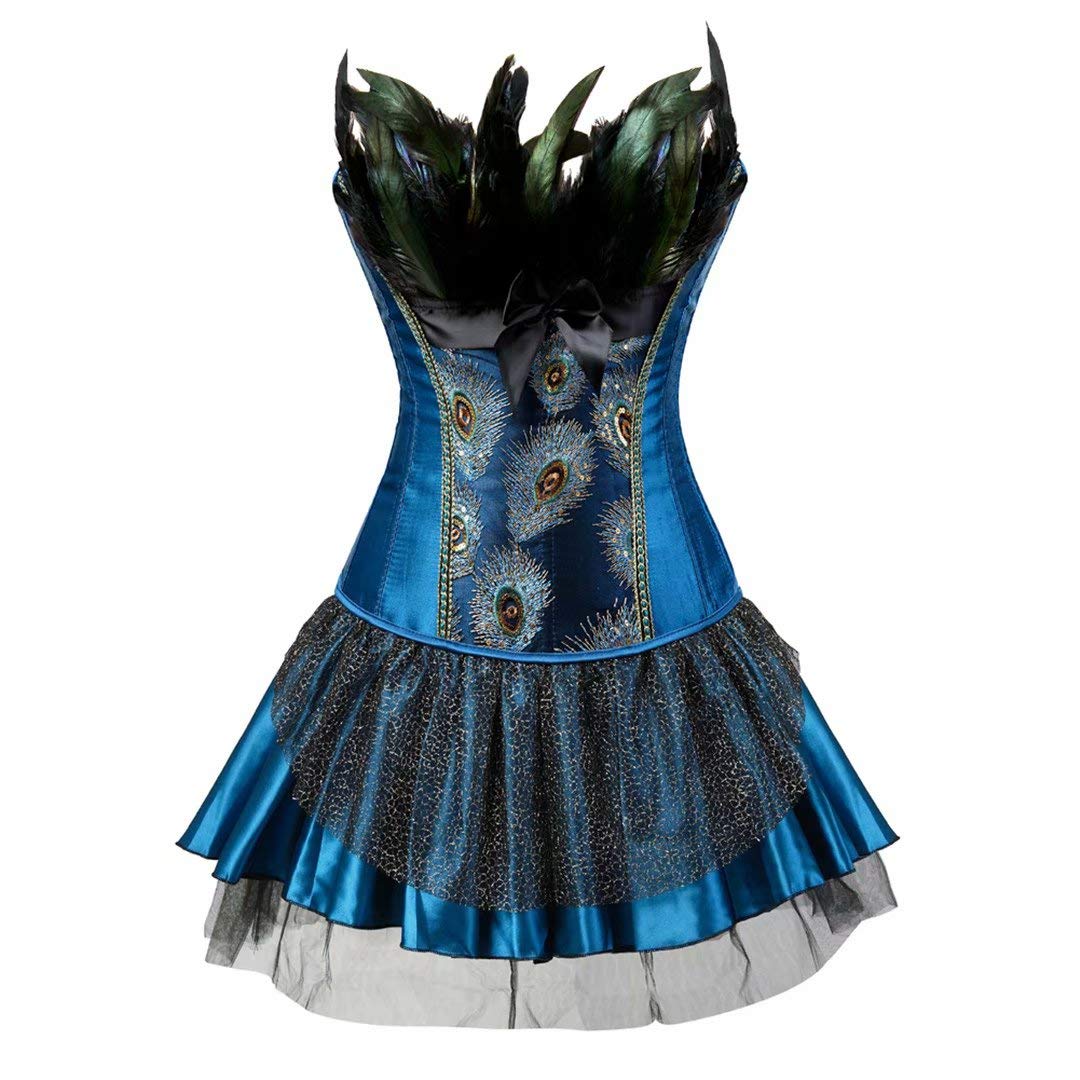 Josamogre Corsagenkleid Feder Korsett KleidCorsage elegant Stickerei Kostüme Pfau halloween kostüm Rock Blau 6XL