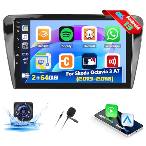 [2G + 64G] Autoradio Android 13 mit Navi für Skoda Octavia II 2008 – 2015 mit Carplay Android Auto, Radio Touchscreen 10.1 Zoll mit GPS WiFi FM/RDS Bluetooth Mirror Link Canbus + AHD Rückfahrkamera