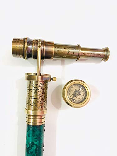 Handgefertigter Vintage Holz-Gehstock mit versteckter Messing-Gravur Teleskop mit Kompass