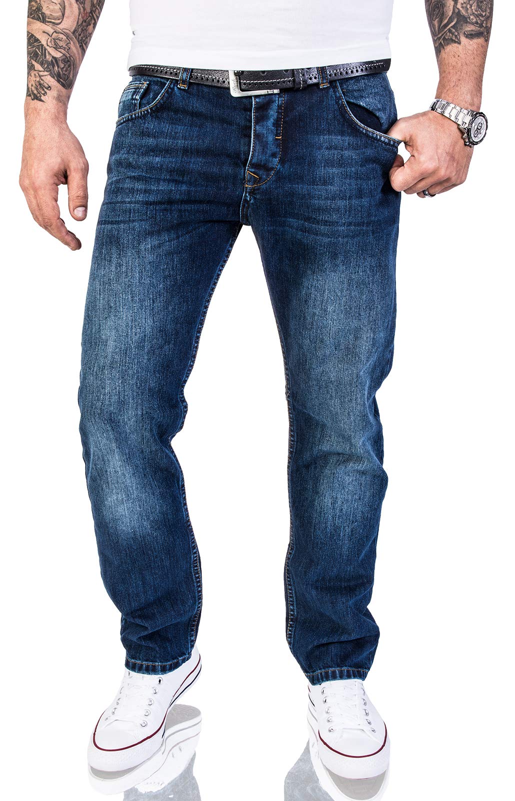 Rock Creek Herren Jeans Hose Regular Fit Jeans Herrenjeans Herrenhose Denim Stonewashed Basic Raw Straight Cut Jeans RC-2140 Dunkelblau W32 L36