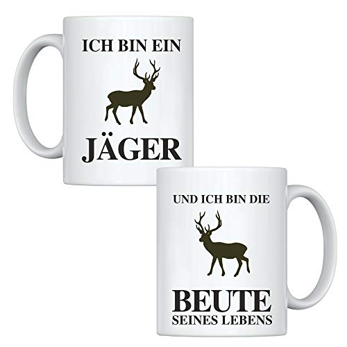 Tassen-Set -Ich bin ein Jäger – Und ich bin die Beute seines Lebens- Geschenkidee für Paare Kaffeebecher mit Spruch Mann Frau Geburtstag (Jäger)