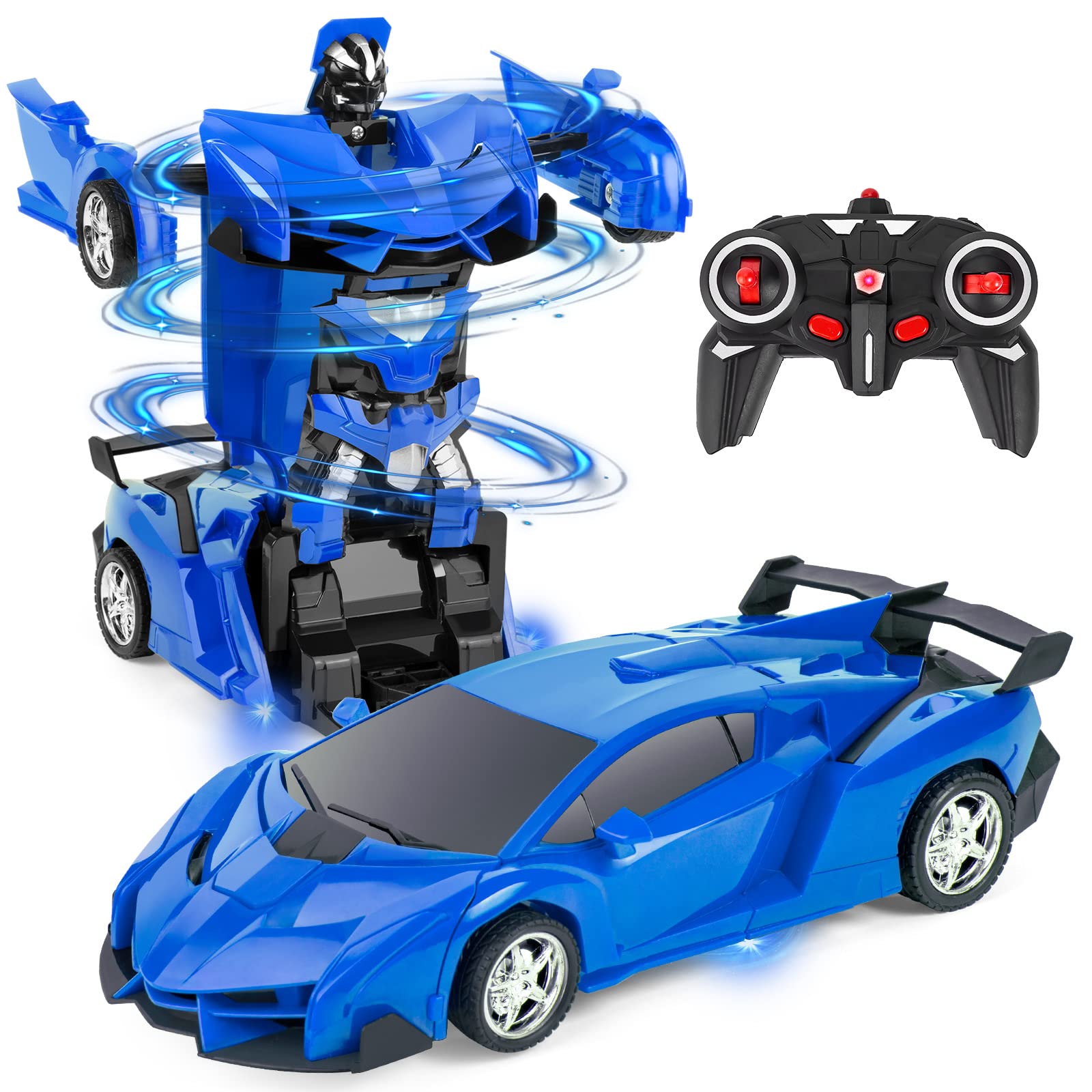 Highttoy Ferngesteuertes Transformator Auto Spielzeug für Kinder, 2.4GHz Roboter RC Auto Transformator Spielzeug für Jungs 3-12 Jahre Verformung Roboter Auto 360° Drehung 1:18 RC Rennwagen Blau