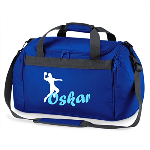 Sporttasche mit Namen Bedruckt für Kinder | Personalisierbar mit Motiv Handball | Reisetasche Duffle Bag für Mädchen und Jungen | Handballspieler Sport (Royalblau)