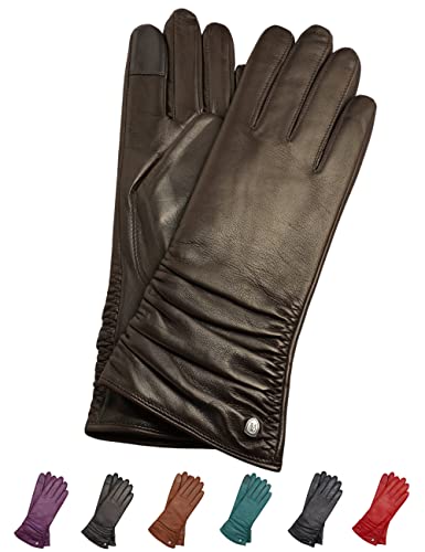 AKAROA ESTD 2019 Lederhandschuhe Damen BEA, Touchscreen Funktion, italienisches Leder, recyceltes Strickfutter aus 50% Kaschmir und 50% Wolle, 4 Größen S - XL, schwarzbraun, L - 8