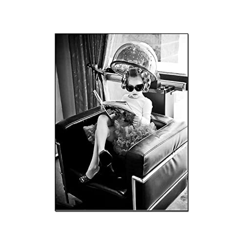 QITEX Bilder wand Schwarz-Weiß-Poster Frau lockiges Haar Dauerwelle Friseur Salon Poster Friseur Friseur Friseur Poster Leinwand Poster für Wohnzimmer Dekor 30x40cm (Kein Rahmen)