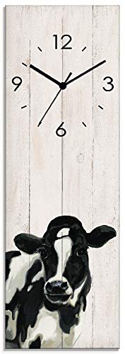 Artland Wanduhr ohne Tickgeräusche Glasuhr mit Motiv Design Funkuhr lautlos Größe: 20x60 cm Kuh in Holzoptik S7MT Schwarz Weiß