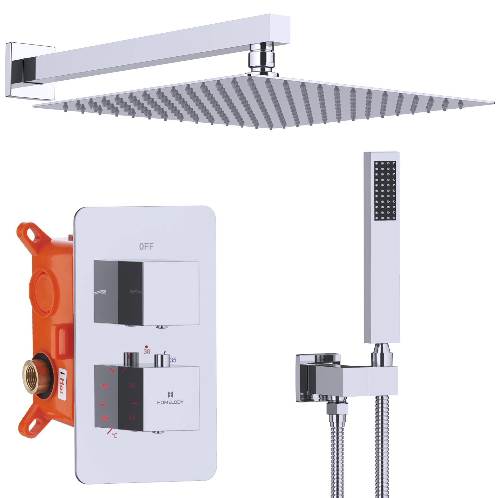 HOMELODY Regendusche Duschsystem mit Thermostat Unterputz Duscharmatur Eckig, Duschamaturenset Chrom Duschset Dusche 12 Zoll Kopfbrause,Anti-Verbrühungs-Duschsystem inkl.Handbrause,Messingkörper