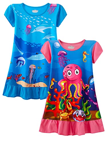 LOLPIP Nachthemden für Mädchen Kleid Kleinkind Kinder Kurzarm Oktopus Wal Nachthemd 2-Pack Nachthemden 5-6 Jahre