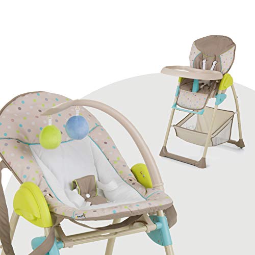 Hauck Sit'n Relax Newborn Set - Neugeborenen Aufsatz und Kinderhochstuhl ab Geburt, mit Liegefunktion / inkl. Spielbogen, Tisch, Rollen / höhenverstellbar, mitwachsend, klappbar, multi dots sand