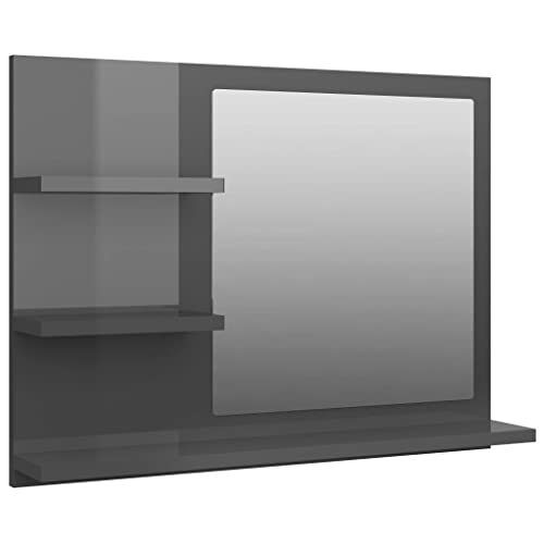 vidaXL Badspiegel mit 3 Ablagen Spiegelregal Wandspiegel Badezimmerspiegel Bad Spiegel Badezimmer Badmöbel Hochglanz-Grau 60x10,5x45cm Spanplatte