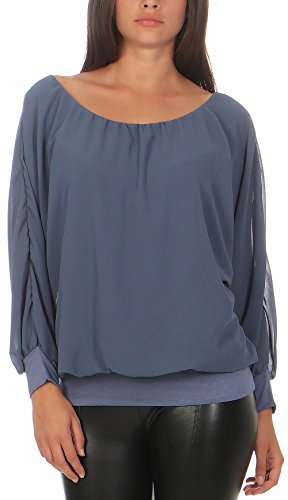 Malito Damen Chiffon Langarm Bluse | Tunika mit weiten Ärmeln | Blusenshirt mit breitem Bund | elegant - schick 6291 (Jeansblau)