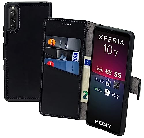 Suncase Book-Style Hülle kompatibel mit Sony Xperia 10 V 5 (2023) Leder Tasche (Slim-Fit) Lederhülle Handytasche Schutzhülle Case mit 3 Kartenfächer in schwarz