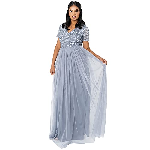 Maya Deluxe Women's Dusty Blue V Neckline Embellished Maxi Bridesmaid Dress, 34