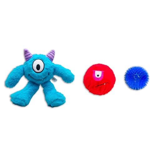 Flourish Pets 3-in-1-Kauspielzeug für aggressive Kauer, ungiftig, BPA-frei, doppelt genäht, weiches Außenmaterial, langlebiges Plüschspielzeug, klein, blaues Monster