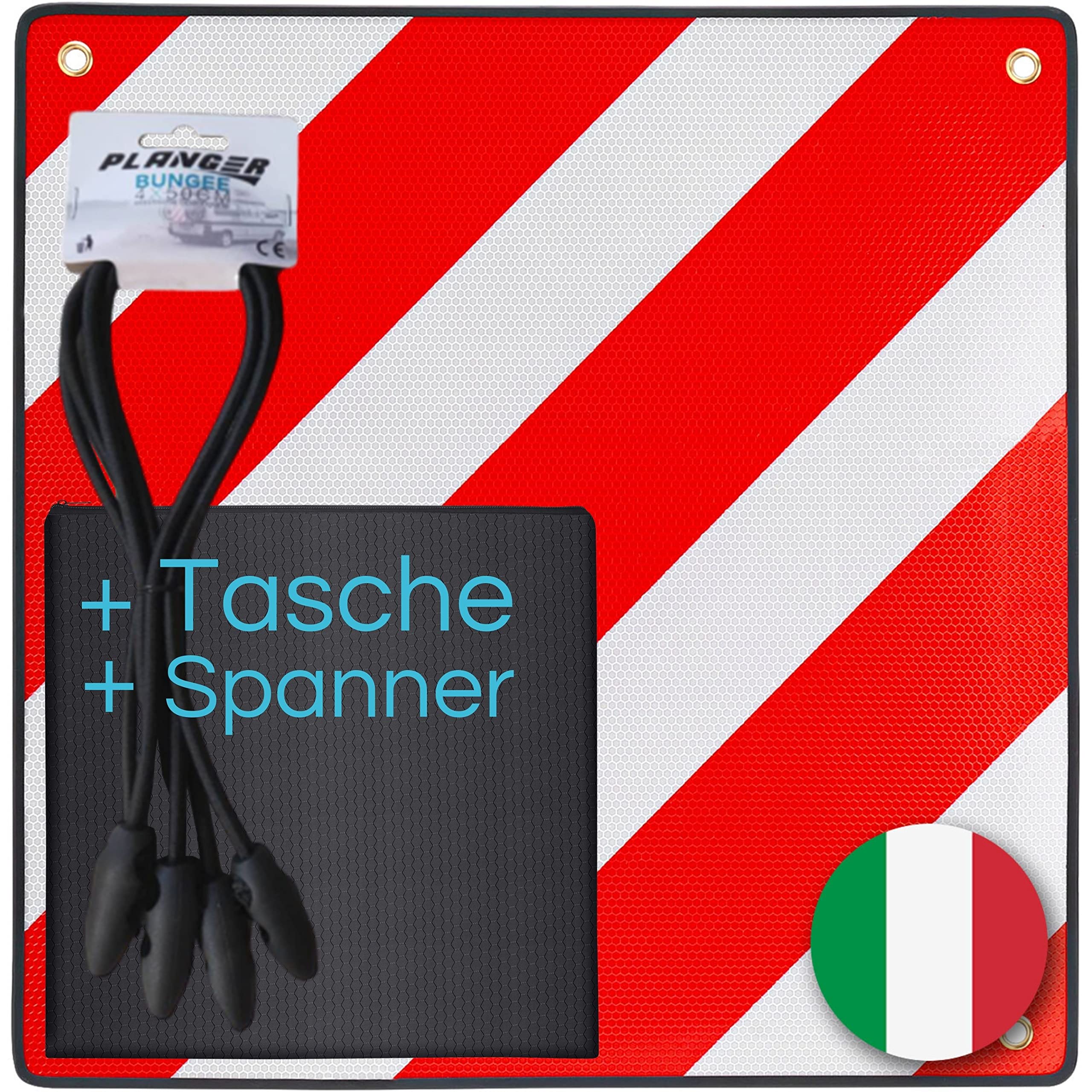 PLANGER® - Warntafel Italien (50 x 50 cm) + Spanner +Tasche - Reflektierendes Warnschild rot weiß für Heckträger u Fahrradträger