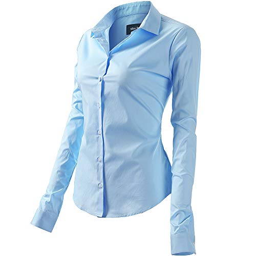 FLY HAWK Bluse Hemdbluse Damen Hemd Basic Kent-Kragen Elegant OL Work Slim Fit Langarm Stretch Formelle Hemden,Hellblau, Größe 46, Hersteller - 18