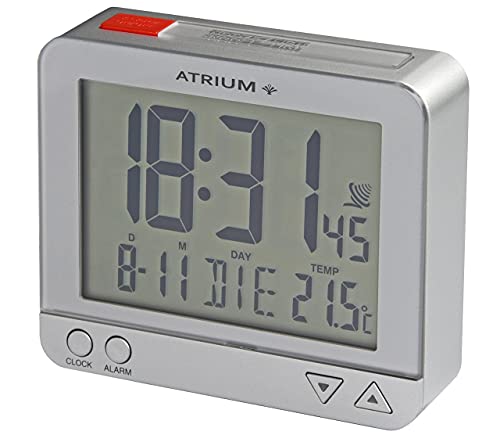 ATRIUM Funkwecker digital silber mit Beleuchtung, Snooze, Datum und Temperaturanzeige A760-19