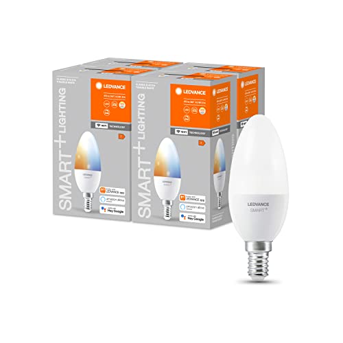 LEDVANCE Smarte LED-Lampe mit WiFi Technologie, Sockel E14, Dimmbar, Lichtfarbe änderbar (2700-6500K), ersetzt Glühlampen mit 40 W, SMART+ WiFi Candle Tunable White, 4er-Pack